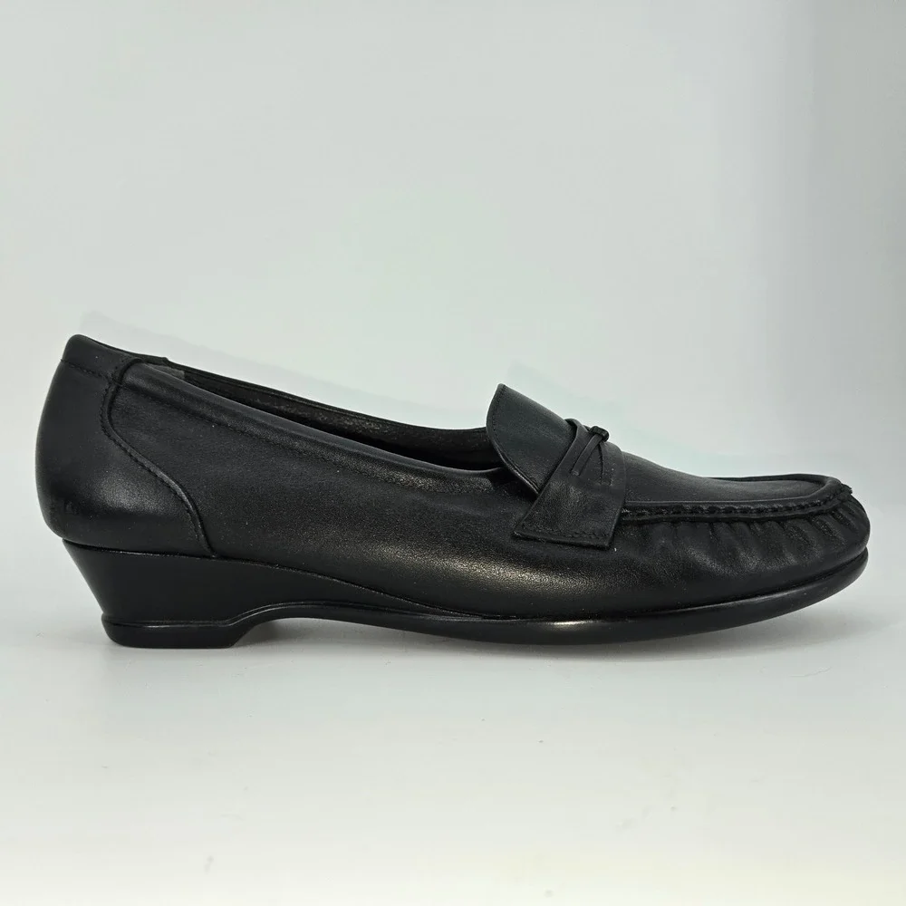 SAS Bounce Black Leather Wedge Loafer Moc Toe Slip On Comfort Shoes 9.5‎ M